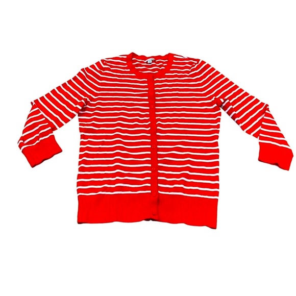 Halogen Cardigan Sweater Women's Size Medium Orange White Stripe Button Up - Picture 1 of 7